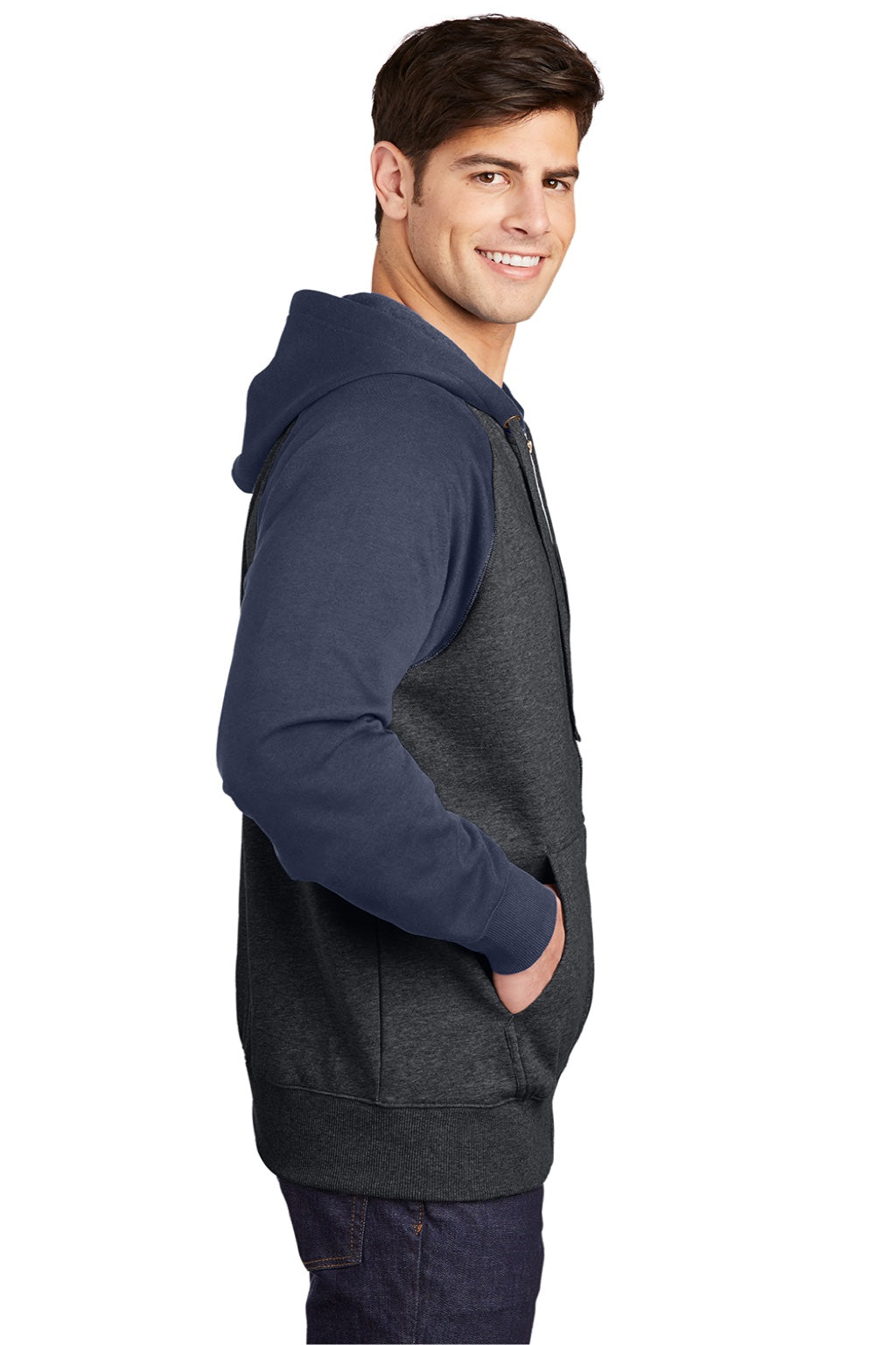 Sport-Tek ST269 Mens Shrink Resistant Fleece Full Zip Hooded Sweatshirt Hoodie w/ Pockets Heather Graphite Grey/True Navy Blue Model Side