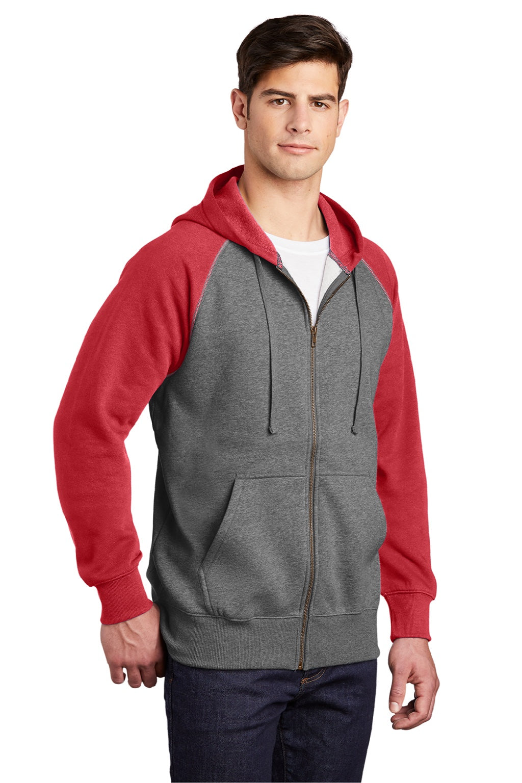 Sport-Tek ST269 Mens Shrink Resistant Fleece Full Zip Hooded Sweatshirt Hoodie w/ Pockets Heather Vintage Grey/True Red Model 3q