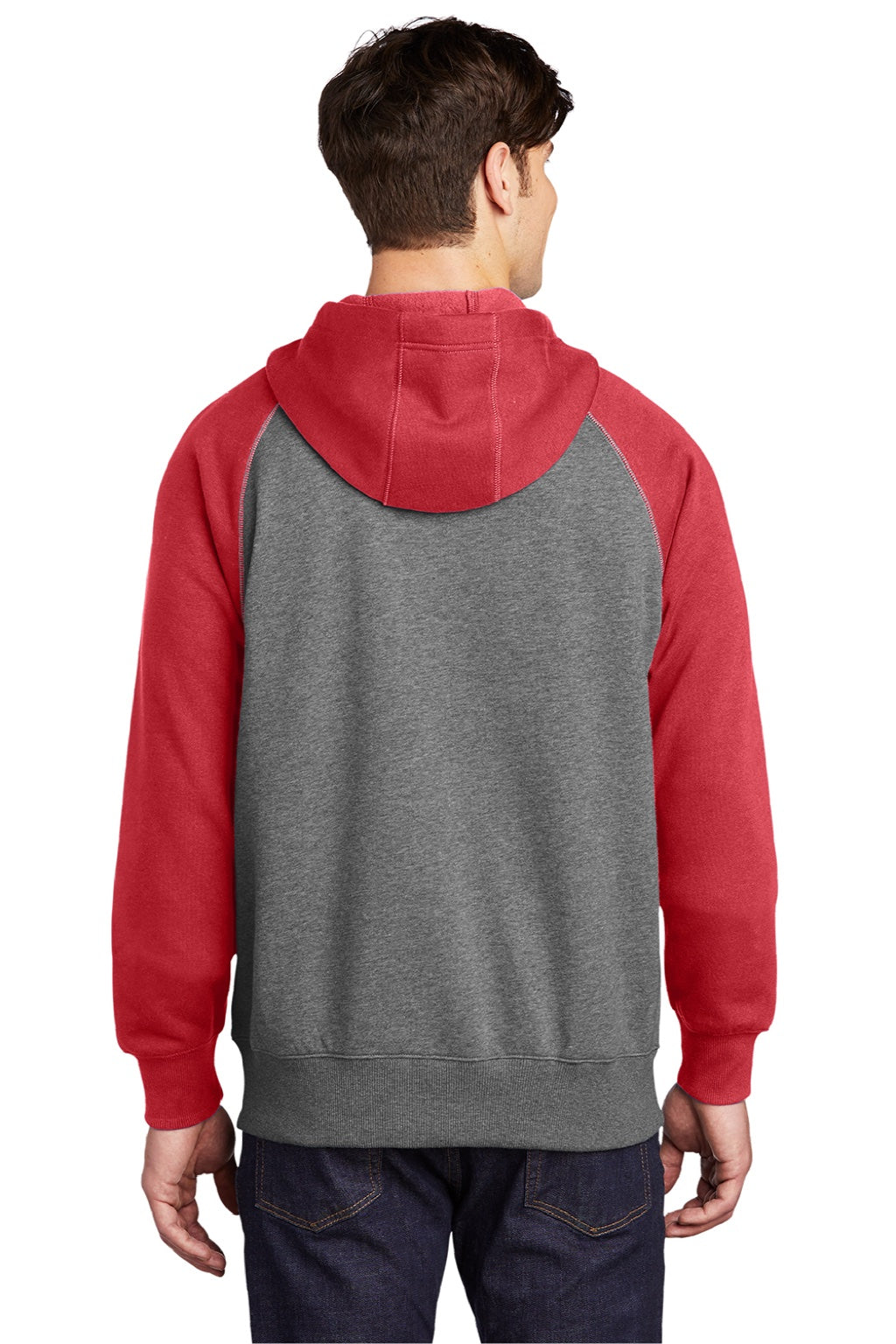 Sport-Tek ST269 Mens Shrink Resistant Fleece Full Zip Hooded Sweatshirt Hoodie w/ Pockets Heather Vintage Grey/True Red Model Back