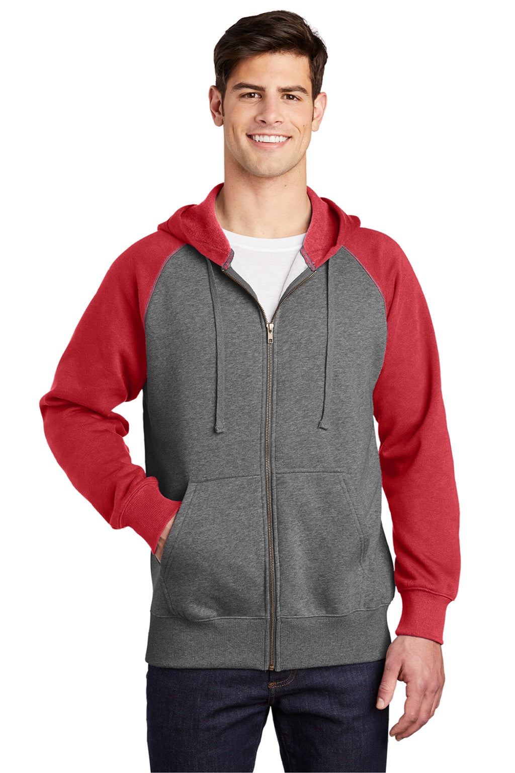 Sport-Tek ST269 Mens Shrink Resistant Fleece Full Zip Hooded Sweatshirt Hoodie w/ Pockets Heather Vintage Grey/True Red Model Front