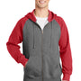 Sport-Tek Mens Shrink Resistant Fleece Full Zip Hooded Sweatshirt Hoodie w/ Pockets - Heather Vintage Grey/True Red - Closeout