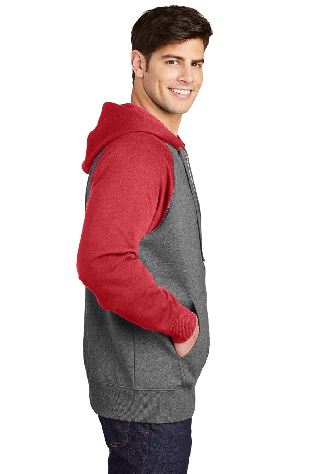 Sport-Tek ST269 Mens Shrink Resistant Fleece Full Zip Hooded Sweatshirt Hoodie w/ Pockets Heather Vintage Grey/True Red Model Side