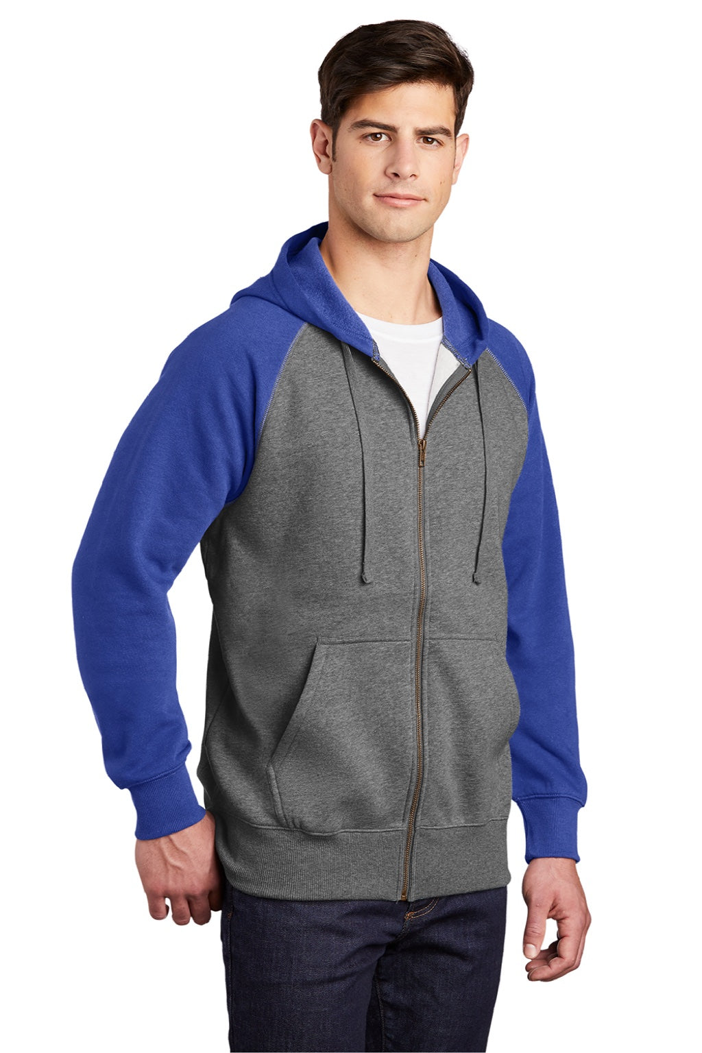 Sport-Tek ST269 Mens Shrink Resistant Fleece Full Zip Hooded Sweatshirt Hoodie w/ Pockets Heather Vintage Grey/True Royal Blue Model 3q