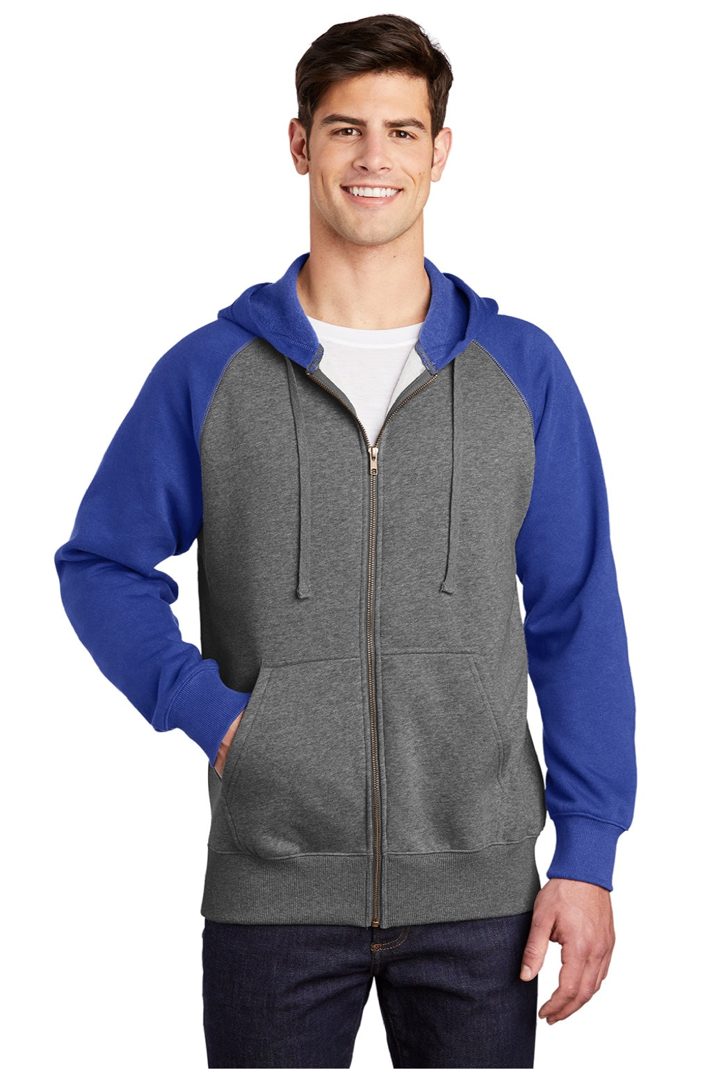 Sport-Tek ST269 Mens Shrink Resistant Fleece Full Zip Hooded Sweatshirt Hoodie w/ Pockets Heather Vintage Grey/True Royal Blue Model Front
