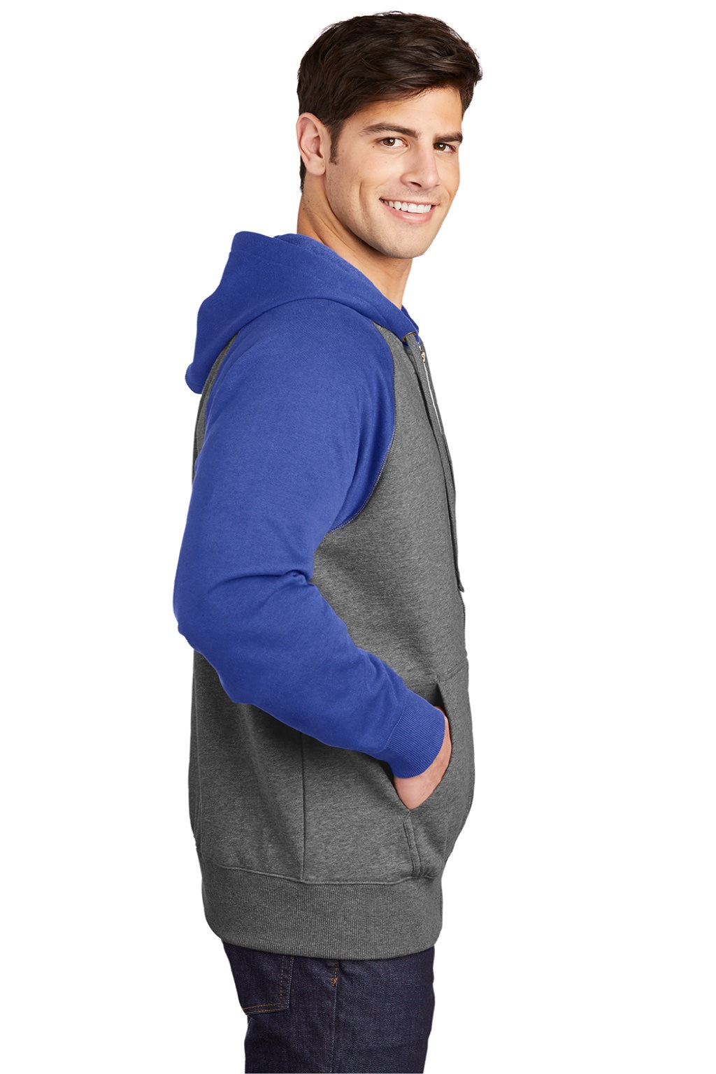 Sport-Tek ST269 Mens Shrink Resistant Fleece Full Zip Hooded Sweatshirt Hoodie w/ Pockets Heather Vintage Grey/True Royal Blue Model Side