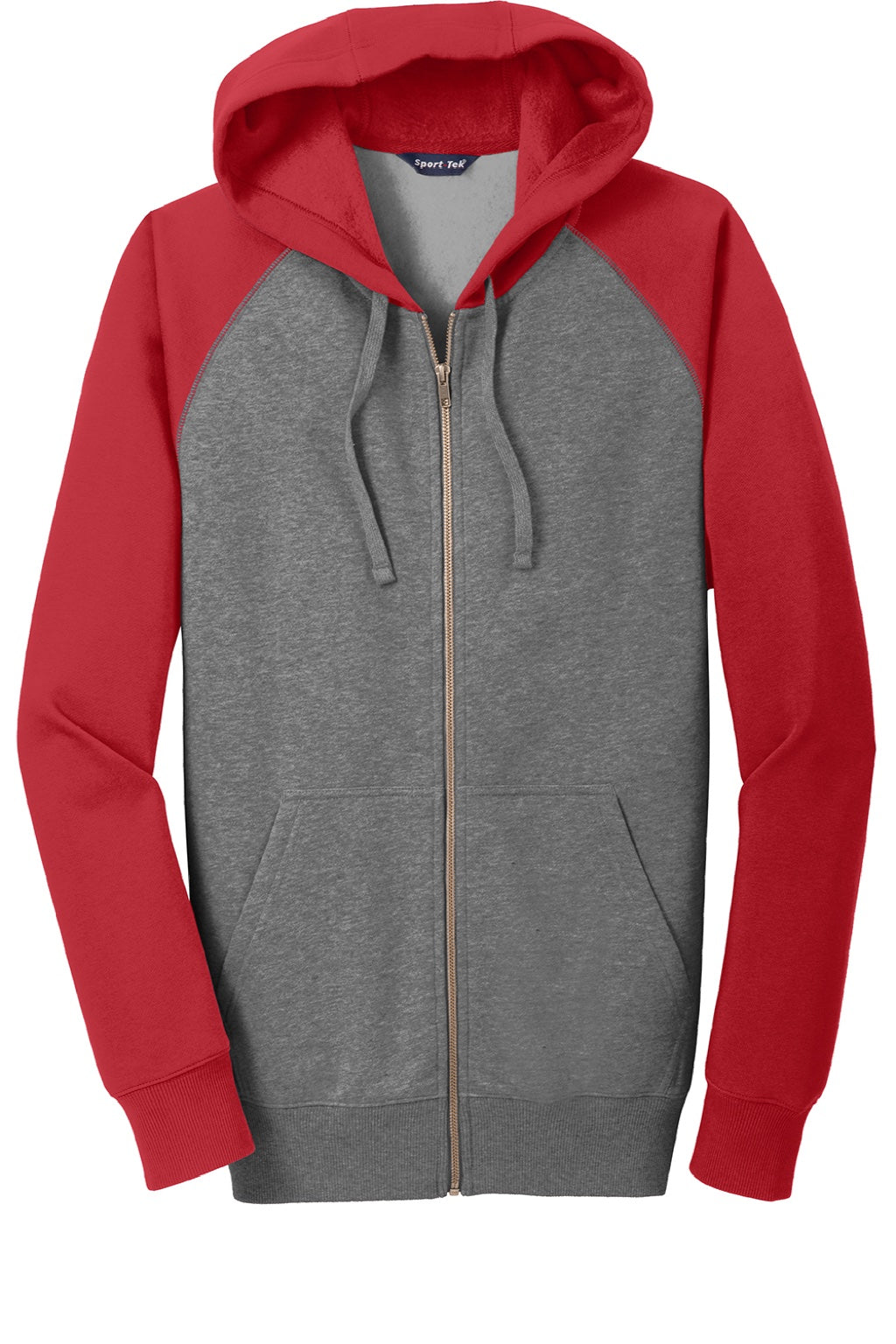 Sport-Tek ST269 Mens Shrink Resistant Fleece Full Zip Hooded Sweatshirt Hoodie w/ Pockets Heather Vintage Grey/True Red Flat Front