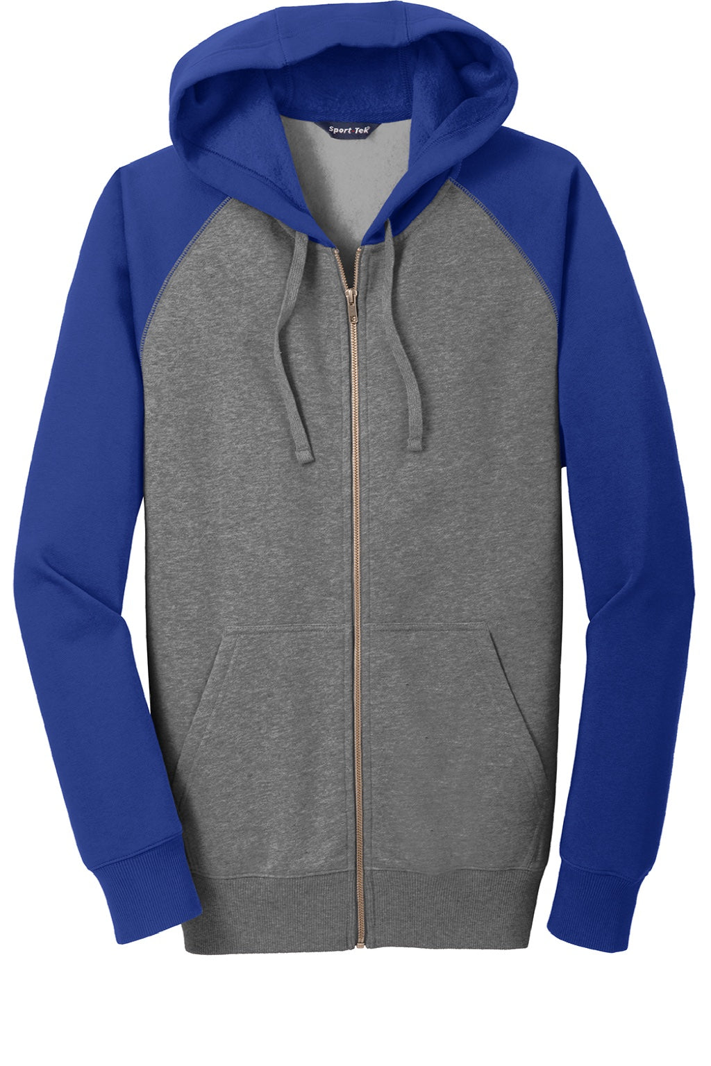 Sport-Tek ST269 Mens Shrink Resistant Fleece Full Zip Hooded Sweatshirt Hoodie w/ Pockets Heather Vintage Grey/True Royal Blue Flat Front