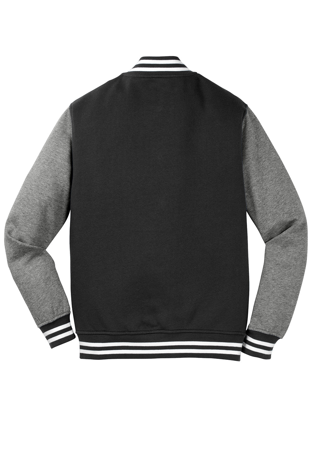 Sport-Tek ST270 Mens Snap Down Fleece Letterman Jacket Black/Heather Vintage Grey/White Flat Back