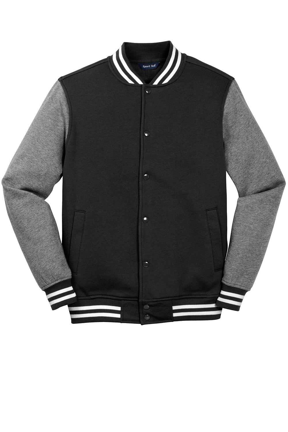 Sport-Tek ST270 Mens Snap Down Fleece Letterman Jacket Black/Heather Vintage Grey/White Flat Front