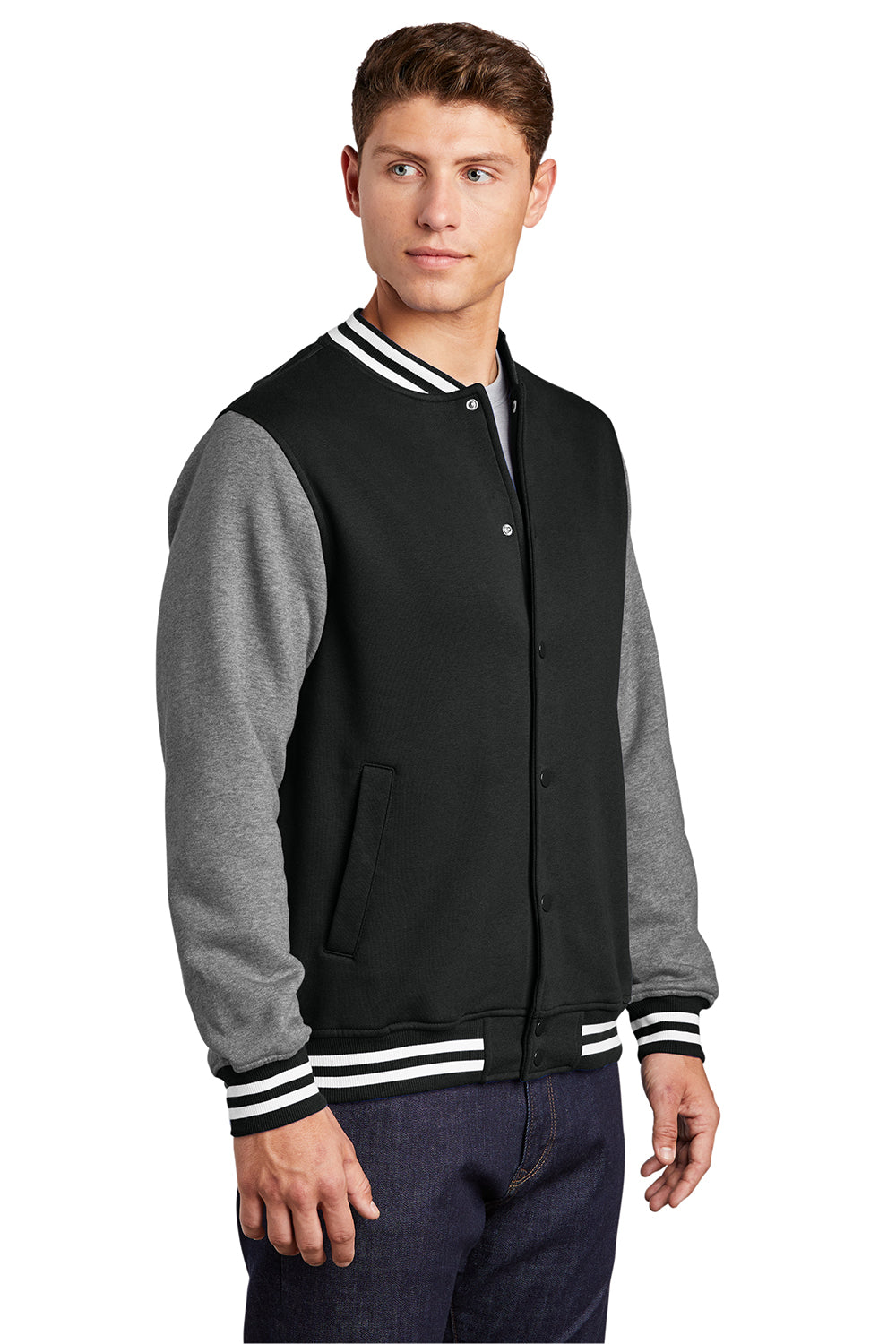 Sport-Tek ST270 Mens Snap Down Fleece Letterman Jacket Black/Heather Vintage Grey/White Model 3q