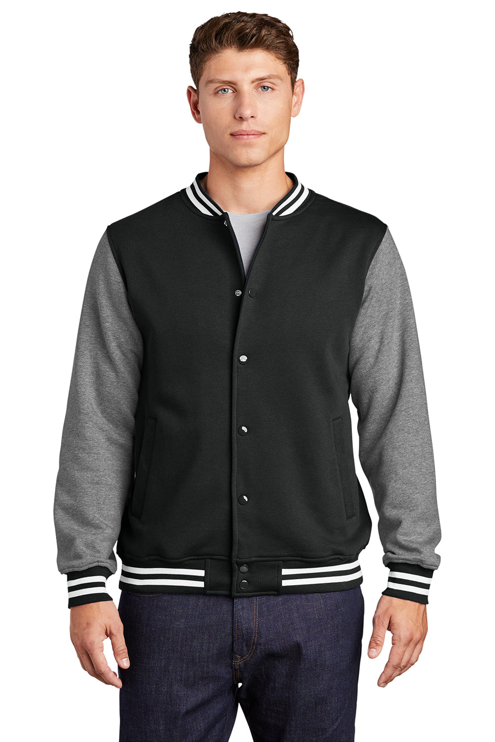 Sport-Tek ST270 Mens Snap Down Fleece Letterman Jacket Black/Heather Vintage Grey/White Model Front