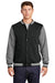 Sport-Tek ST270 Mens Snap Down Fleece Letterman Jacket Black/Heather Vintage Grey/White Model Front