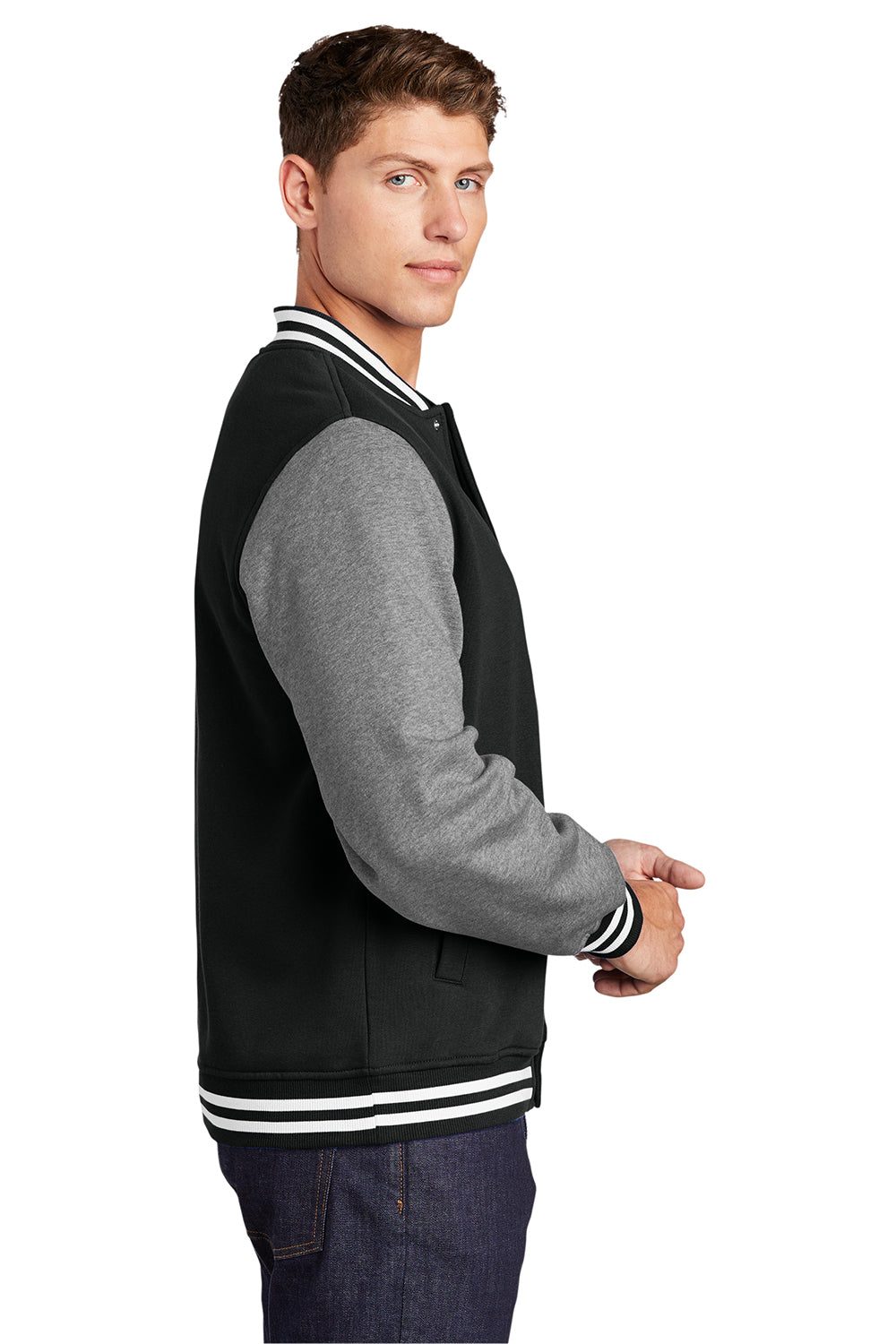 Sport-Tek ST270 Mens Snap Down Fleece Letterman Jacket Black/Heather Vintage Grey/White Model Side