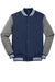 Sport-Tek ST270 Mens Snap Down Fleece Letterman Jacket True Navy Blue/Heather Vintage Grey/White Flat Front