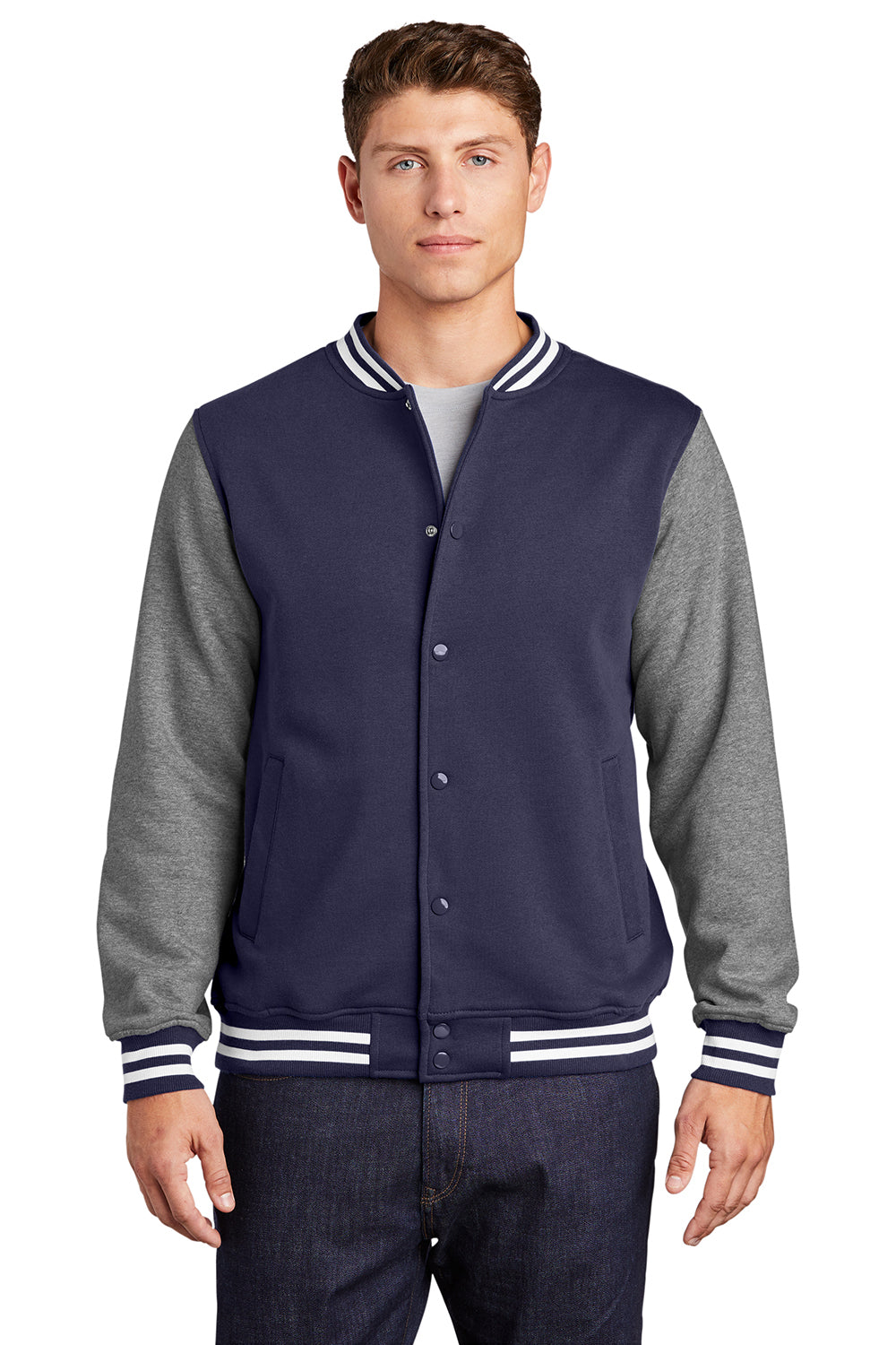 Sport-Tek ST270 Mens Snap Down Fleece Letterman Jacket True Navy Blue/Heather Vintage Grey/White Model Front
