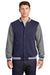 Sport-Tek ST270 Mens Snap Down Fleece Letterman Jacket True Navy Blue/Heather Vintage Grey/White Model Front