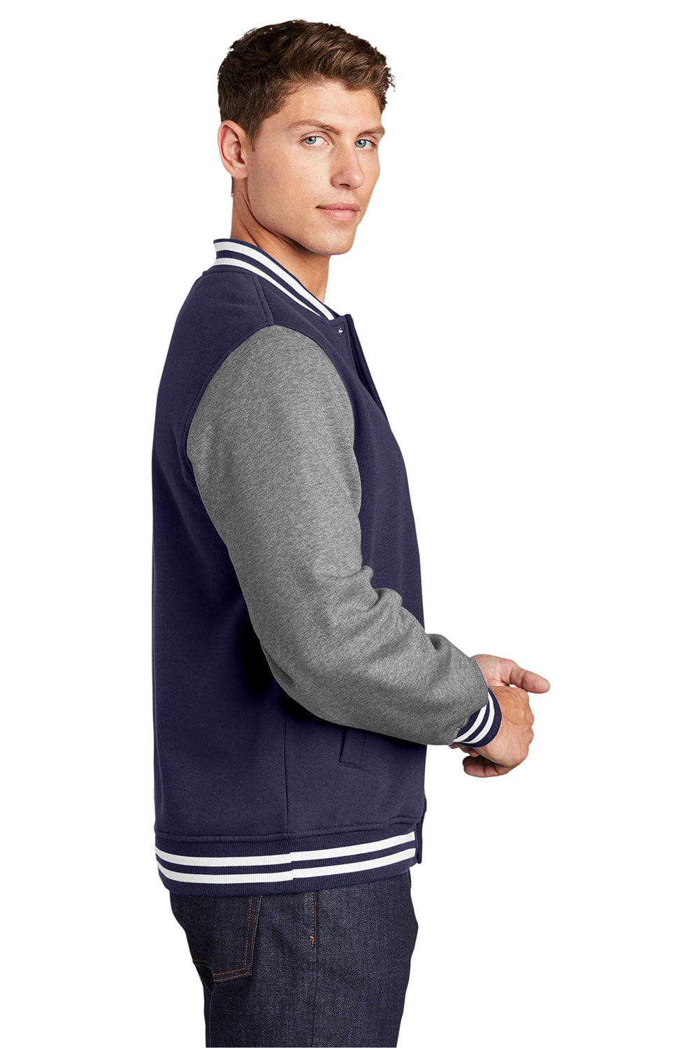 Sport-Tek ST270 Mens Snap Down Fleece Letterman Jacket True Navy Blue/Heather Vintage Grey/White Model Side