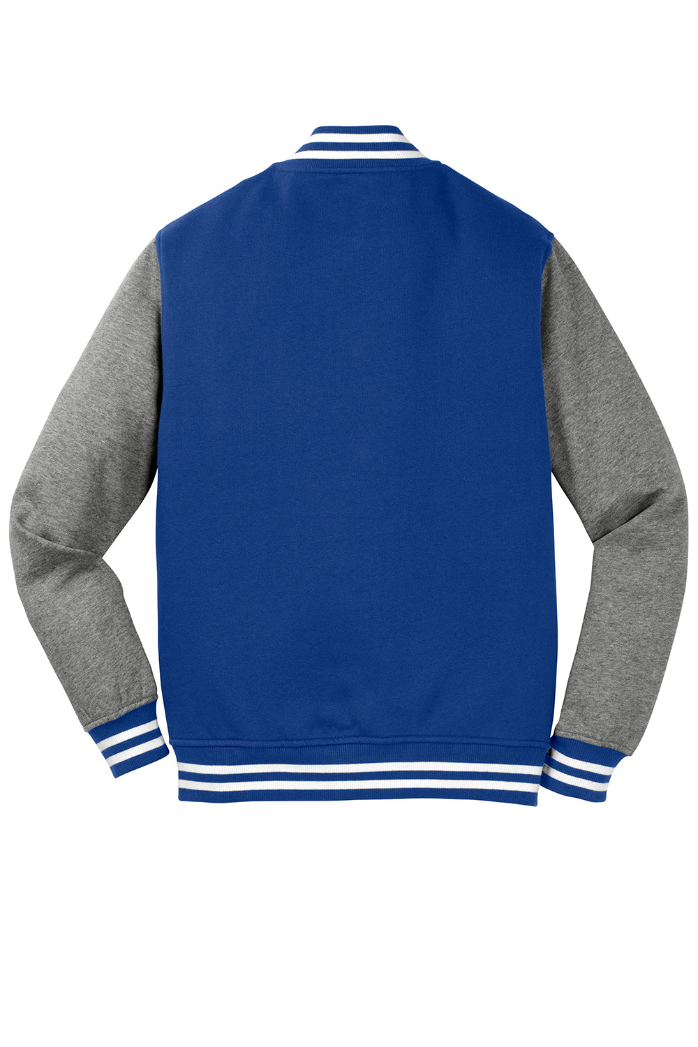 Sport-Tek ST270 Mens Snap Down Fleece Letterman Jacket True Royal Blue/Heather Vintage Grey/White Flat Back