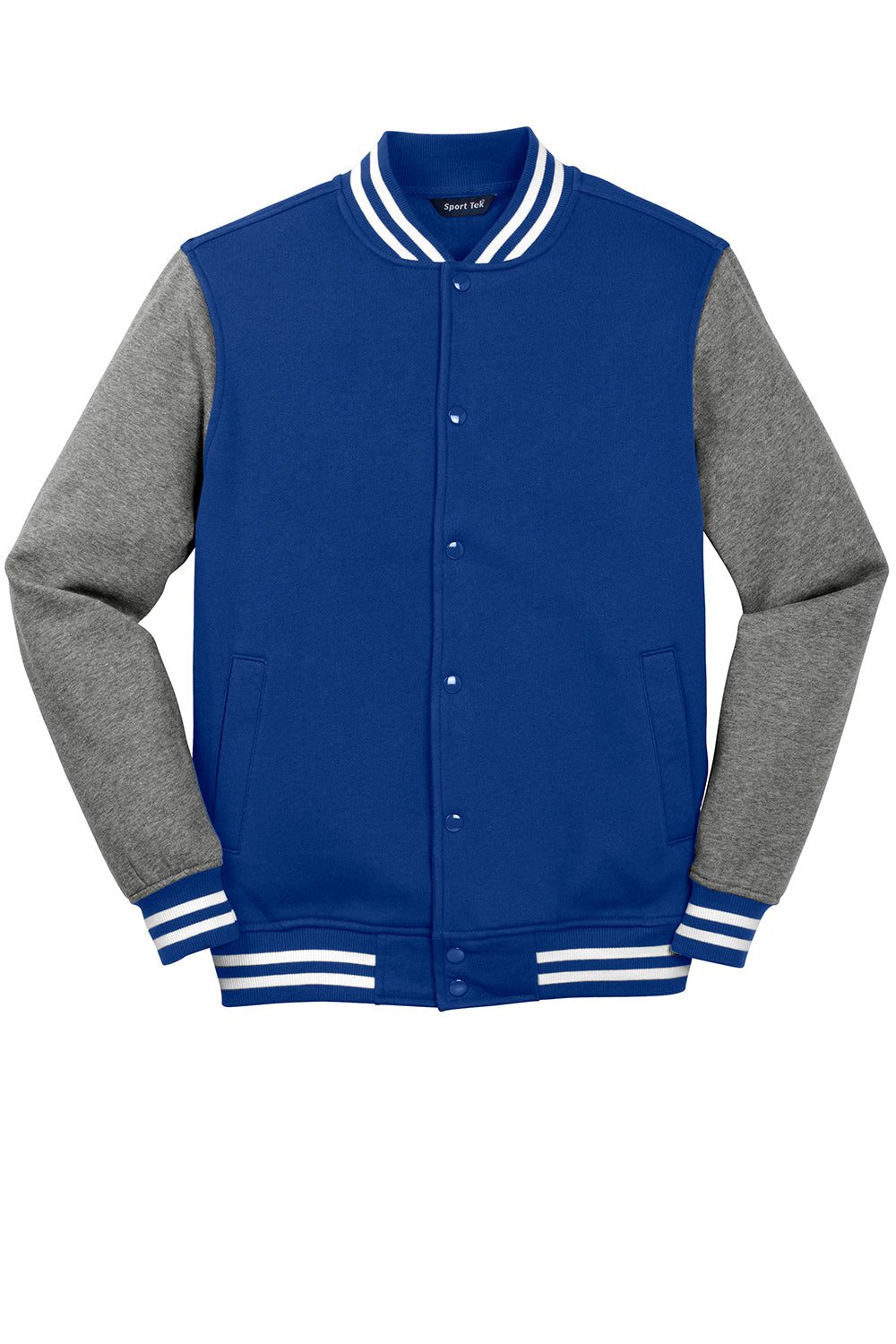 Sport-Tek ST270 Mens Snap Down Fleece Letterman Jacket True Royal Blue/Heather Vintage Grey/White Flat Front