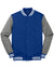 Sport-Tek ST270 Mens Snap Down Fleece Letterman Jacket True Royal Blue/Heather Vintage Grey/White Flat Front