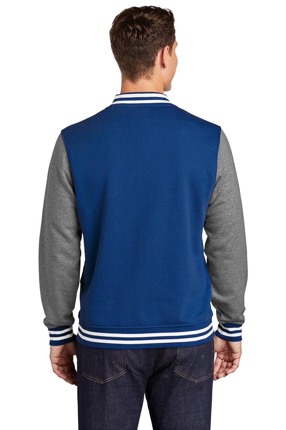 Sport-Tek ST270 Mens Snap Down Fleece Letterman Jacket True Royal Blue/Heather Vintage Grey/White Model Back