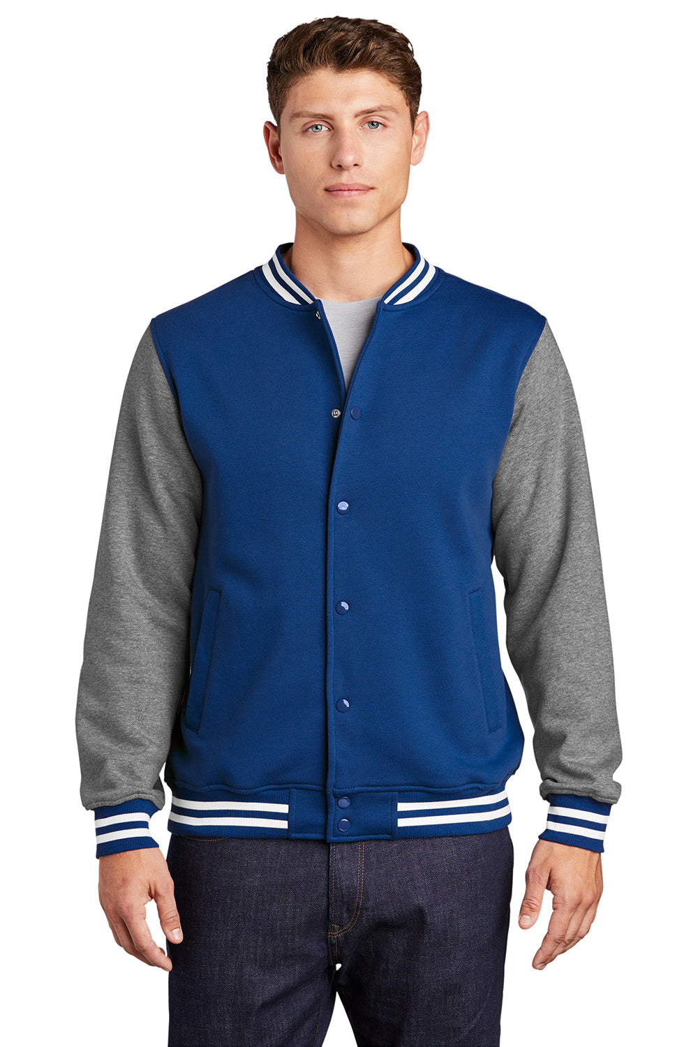 Sport-Tek ST270 Mens Snap Down Fleece Letterman Jacket True Royal Blue/Heather Vintage Grey/White Model Front
