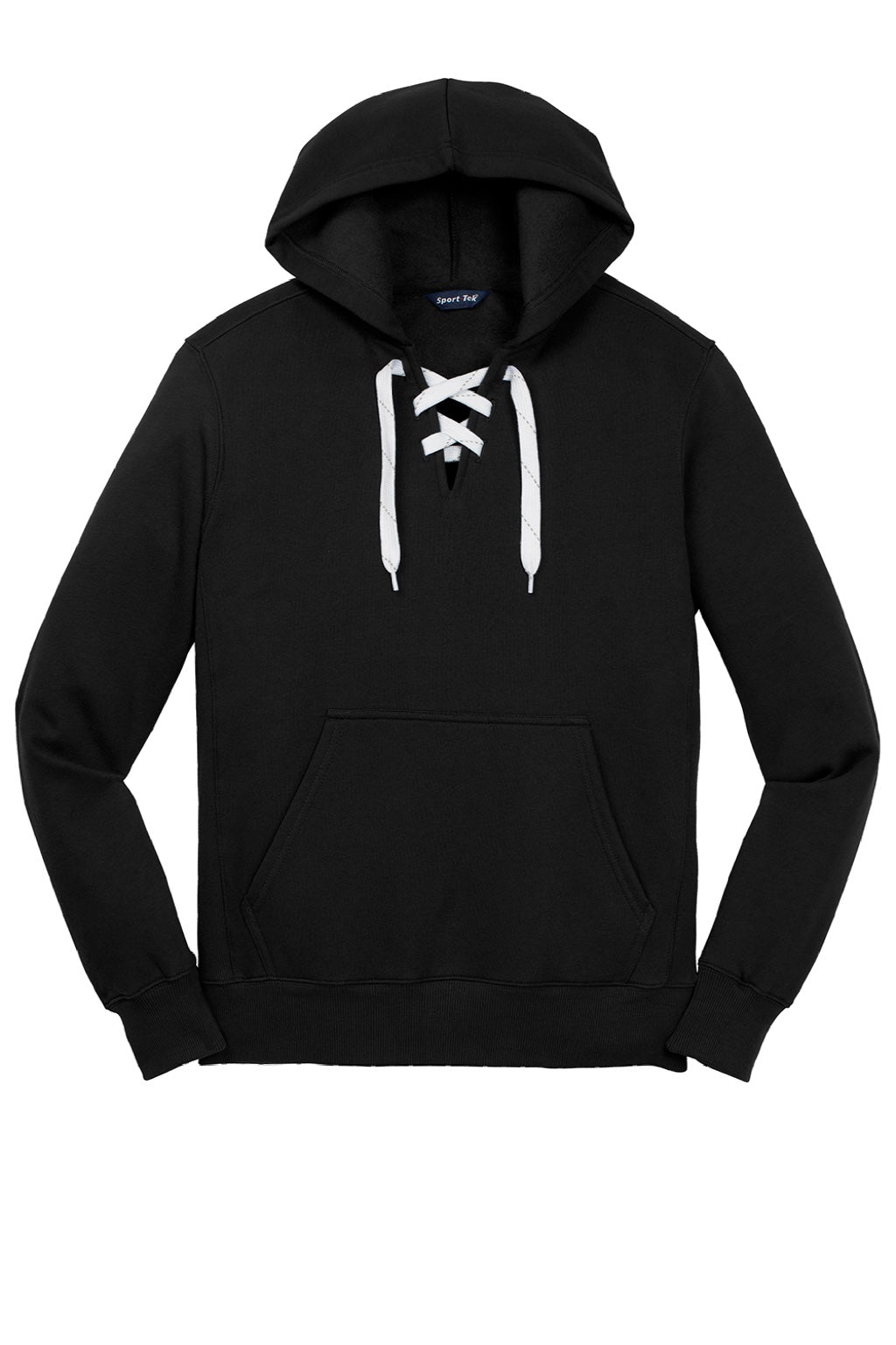Sport-Tek ST271 Mens Lace Up Fleece Hooded Sweatshirt Hoodie w/ Pouch Pocket Black Flat Front