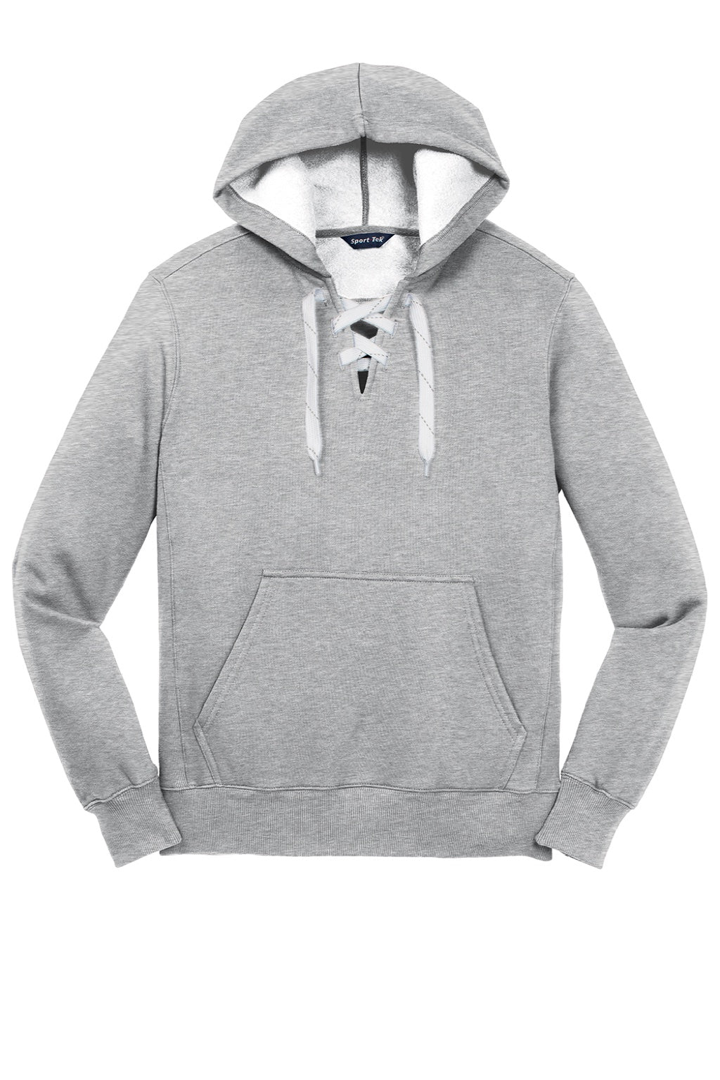 Sport-Tek ST271 Mens Lace Up Fleece Hooded Sweatshirt Hoodie w/ Pouch Pocket Heather Grey Flat Front