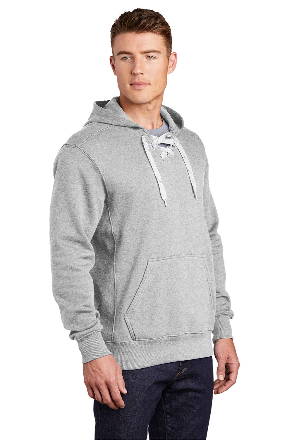 Sport-Tek ST271 Mens Lace Up Fleece Hooded Sweatshirt Hoodie w/ Pouch Pocket Heather Grey Model 3q