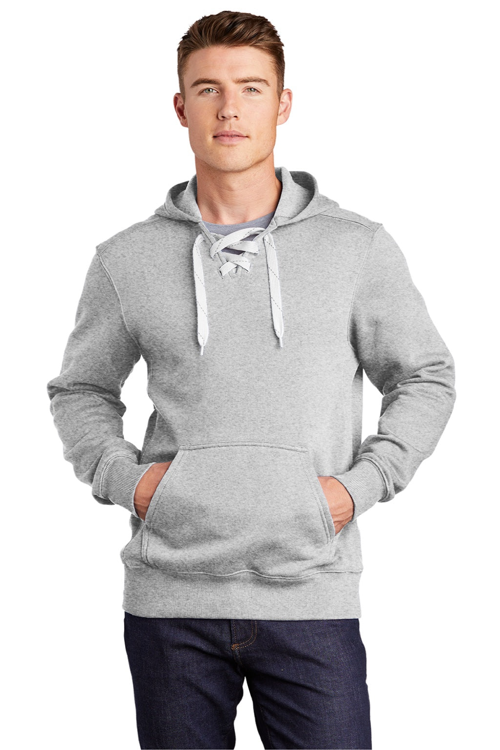 Sport-Tek ST271 Mens Lace Up Fleece Hooded Sweatshirt Hoodie w/ Pouch Pocket Heather Grey Model Front