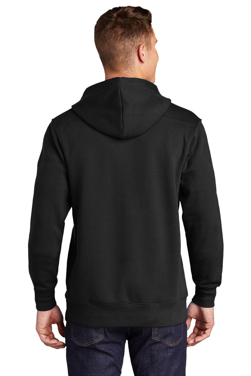 Sport-Tek ST271 Mens Lace Up Fleece Hooded Sweatshirt Hoodie w/ Pouch Pocket Black Model Back