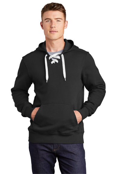 Sport-Tek ST271 Mens Lace Up Fleece Hooded Sweatshirt Hoodie w/ Pouch Pocket Black Model Front