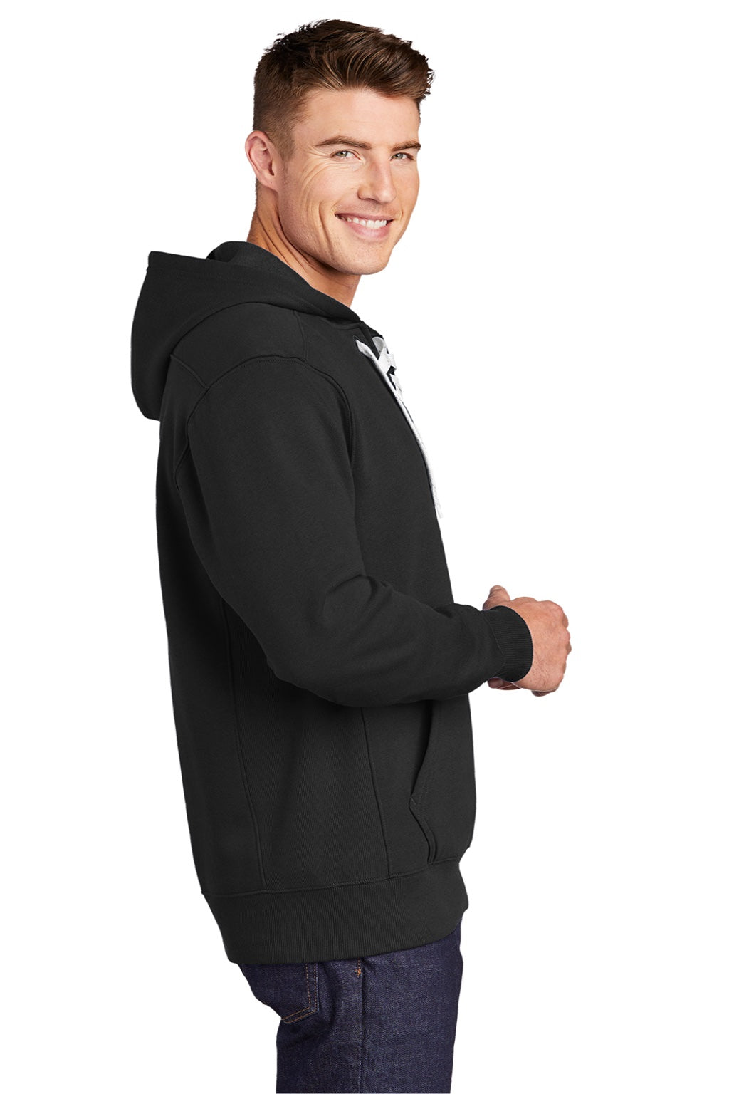 Sport-Tek ST271 Mens Lace Up Fleece Hooded Sweatshirt Hoodie w/ Pouch Pocket Black Model Side