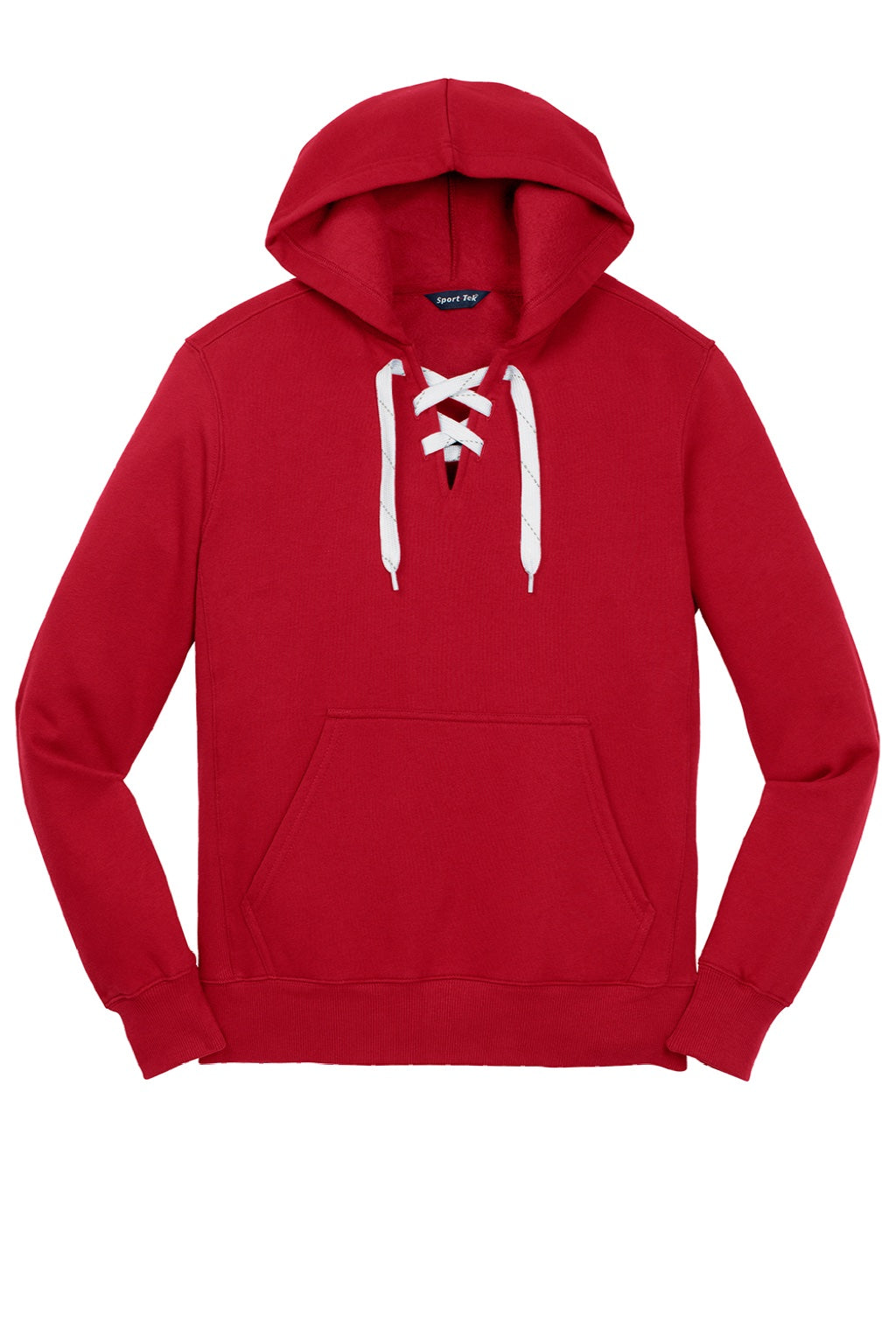Sport-Tek ST271 Mens Lace Up Fleece Hooded Sweatshirt Hoodie w/ Pouch Pocket Deep Red Flat Front