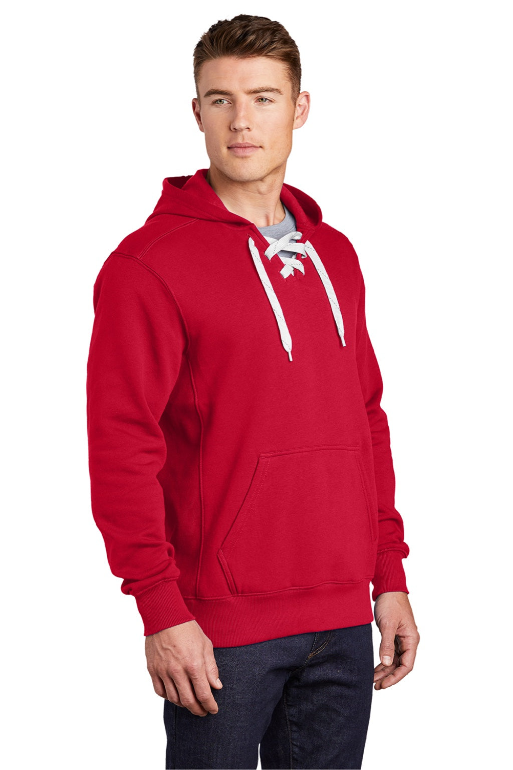 Sport-Tek ST271 Mens Lace Up Fleece Hooded Sweatshirt Hoodie w/ Pouch Pocket Deep Red Model 3q