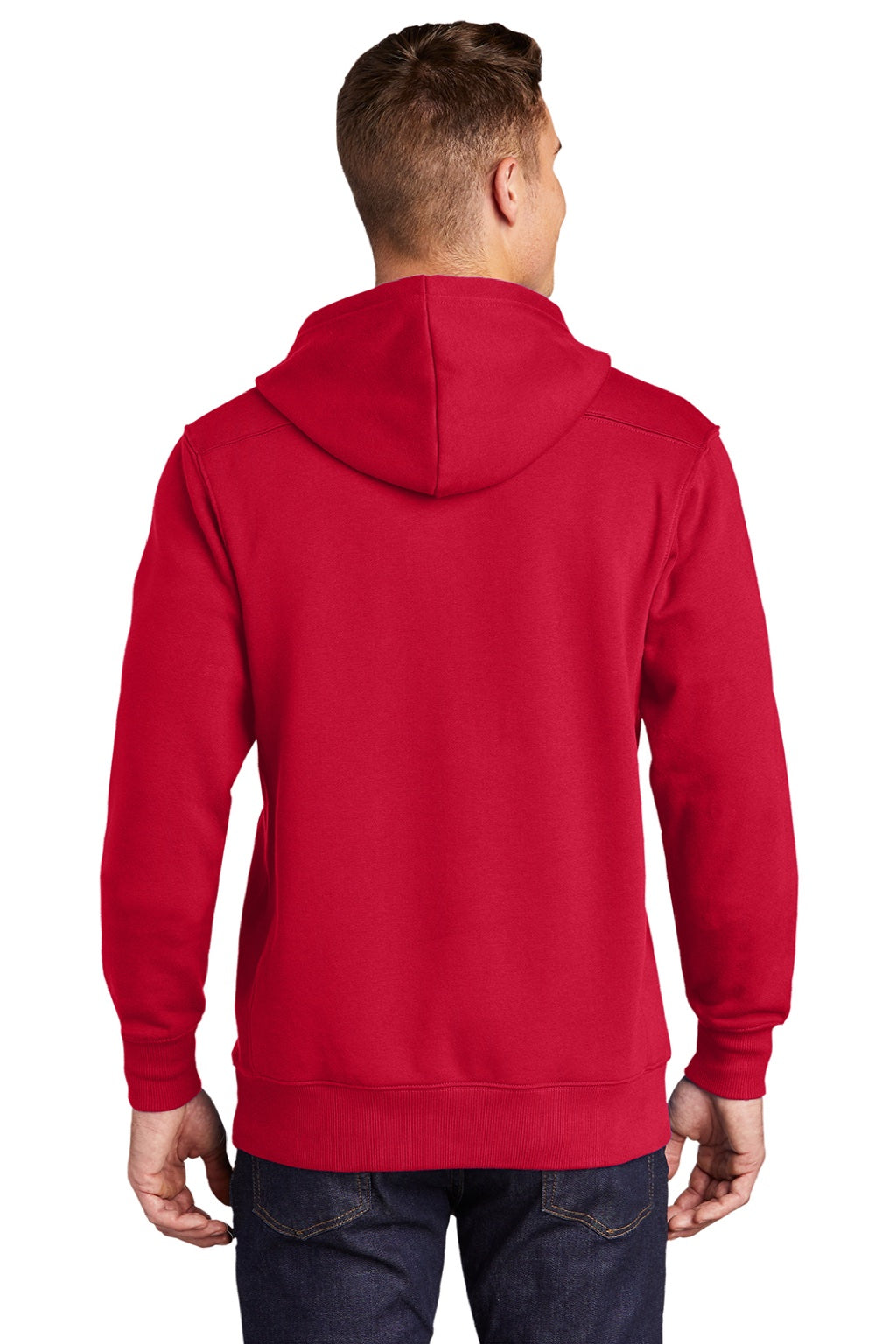 Sport-Tek ST271 Mens Lace Up Fleece Hooded Sweatshirt Hoodie w/ Pouch Pocket Deep Red Model Back