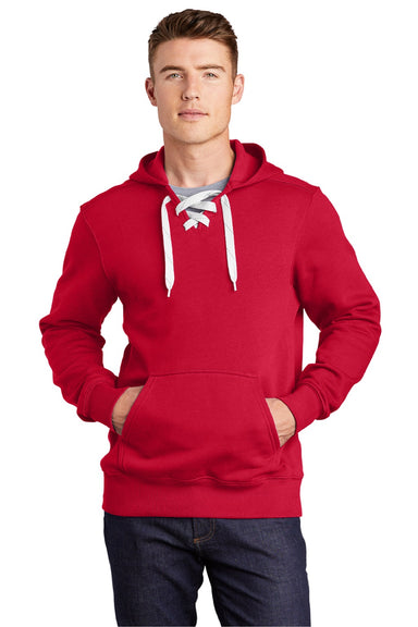Sport-Tek ST271 Mens Lace Up Fleece Hooded Sweatshirt Hoodie w/ Pouch Pocket Deep Red Model Front