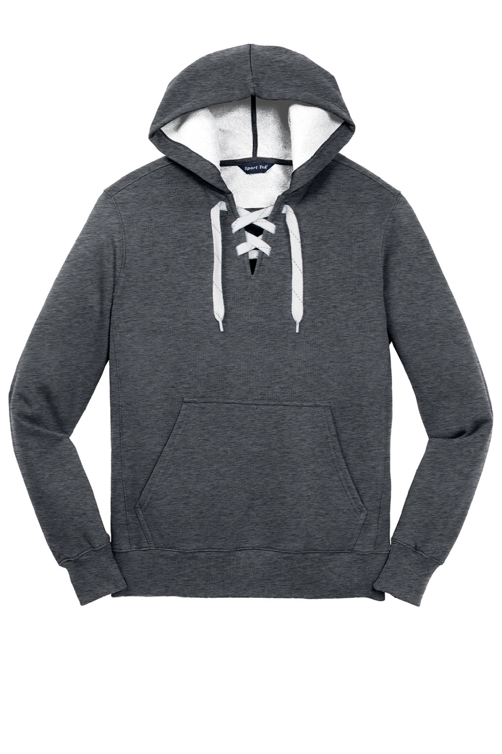 Sport-Tek ST271 Mens Lace Up Fleece Hooded Sweatshirt Hoodie w/ Pouch Pocket Heather Graphite Grey Flat Front