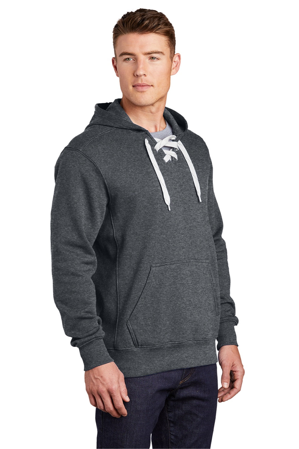 Sport-Tek ST271 Mens Lace Up Fleece Hooded Sweatshirt Hoodie w/ Pouch Pocket Heather Graphite Grey Model 3q