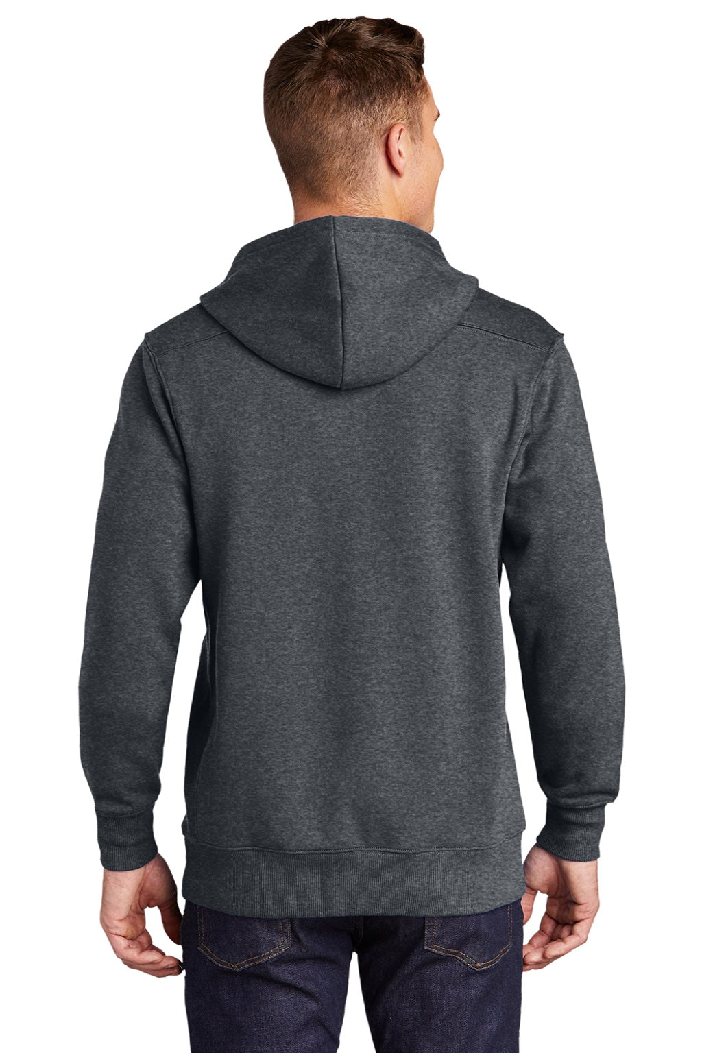 Sport-Tek ST271 Mens Lace Up Fleece Hooded Sweatshirt Hoodie w/ Pouch Pocket Heather Graphite Grey Model Back