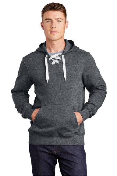 Sport-Tek ST271 Mens Lace Up Fleece Hooded Sweatshirt Hoodie w/ Pouch Pocket Heather Graphite Grey Model Front