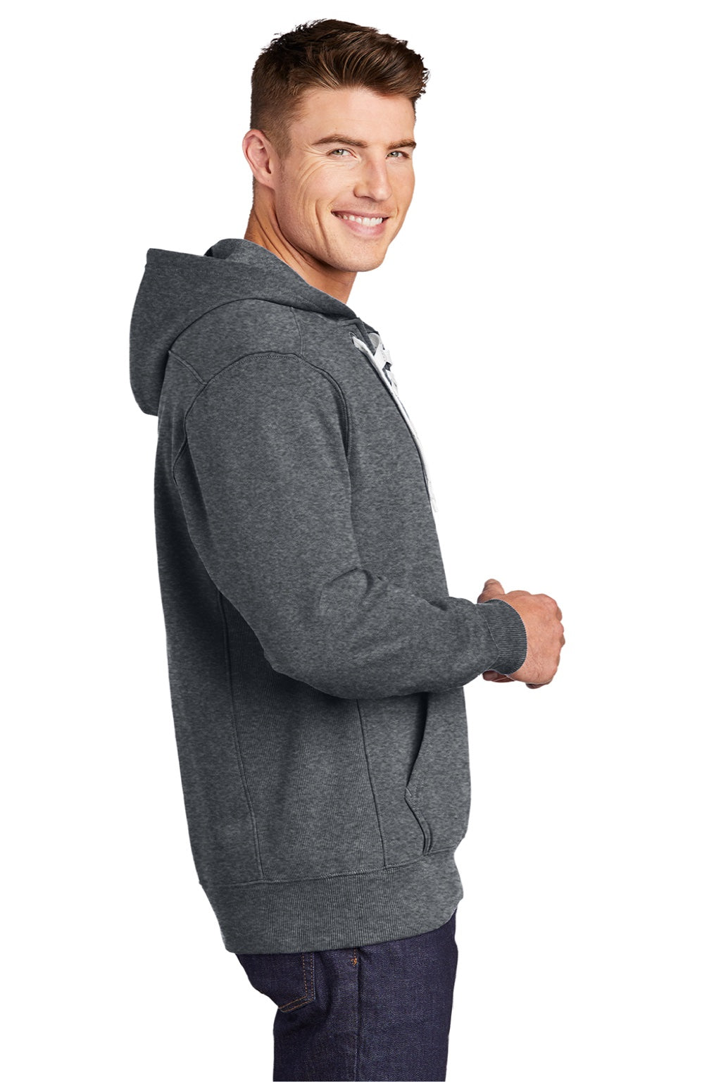 Sport-Tek ST271 Mens Lace Up Fleece Hooded Sweatshirt Hoodie w/ Pouch Pocket Heather Graphite Grey Model Side