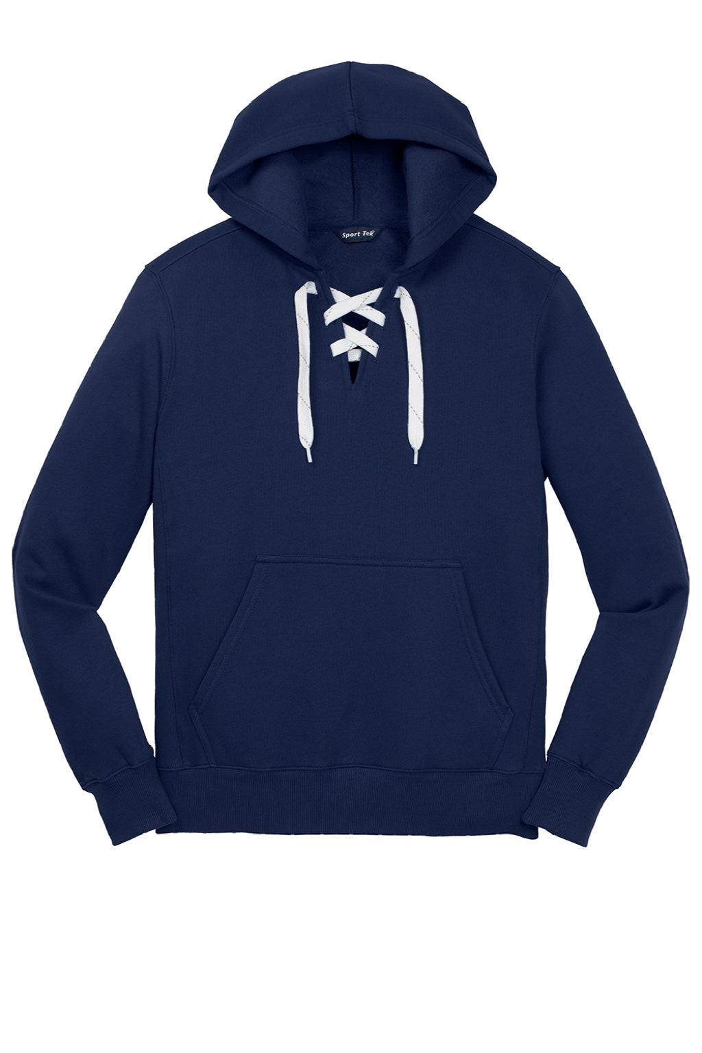 Sport-Tek ST271 Mens Lace Up Fleece Hooded Sweatshirt Hoodie w/ Pouch Pocket True Navy Blue Flat Front