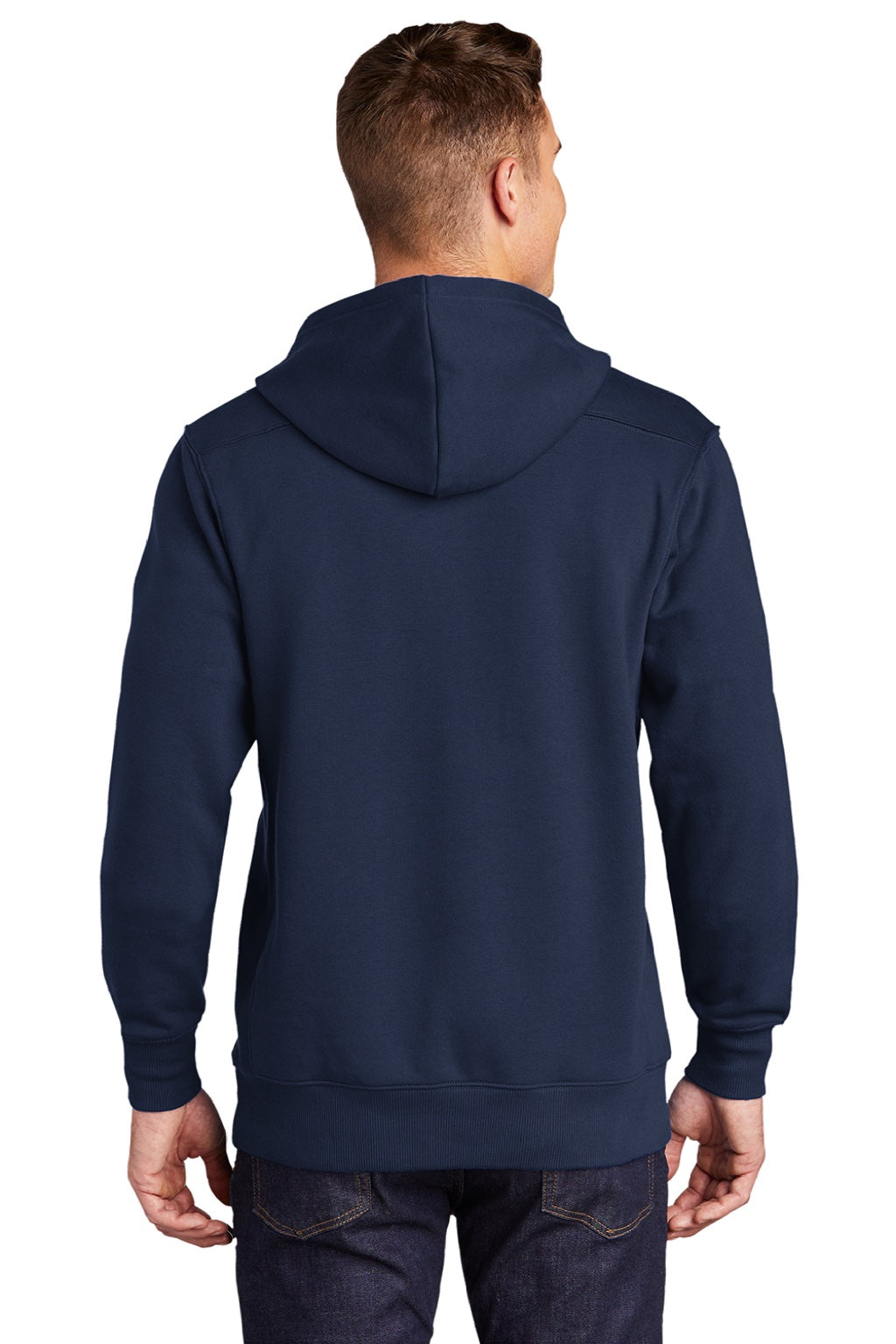 Sport-Tek ST271 Mens Lace Up Fleece Hooded Sweatshirt Hoodie w/ Pouch Pocket True Navy Blue Model Back