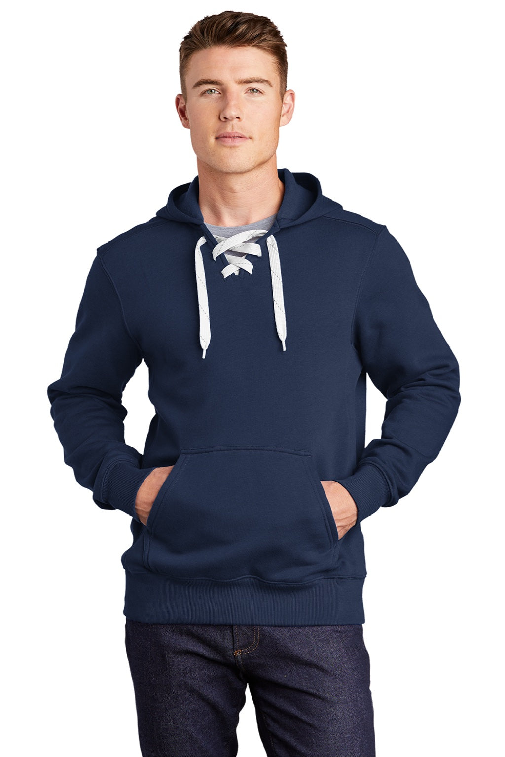 Sport-Tek ST271 Mens Lace Up Fleece Hooded Sweatshirt Hoodie w/ Pouch Pocket True Navy Blue Model Front