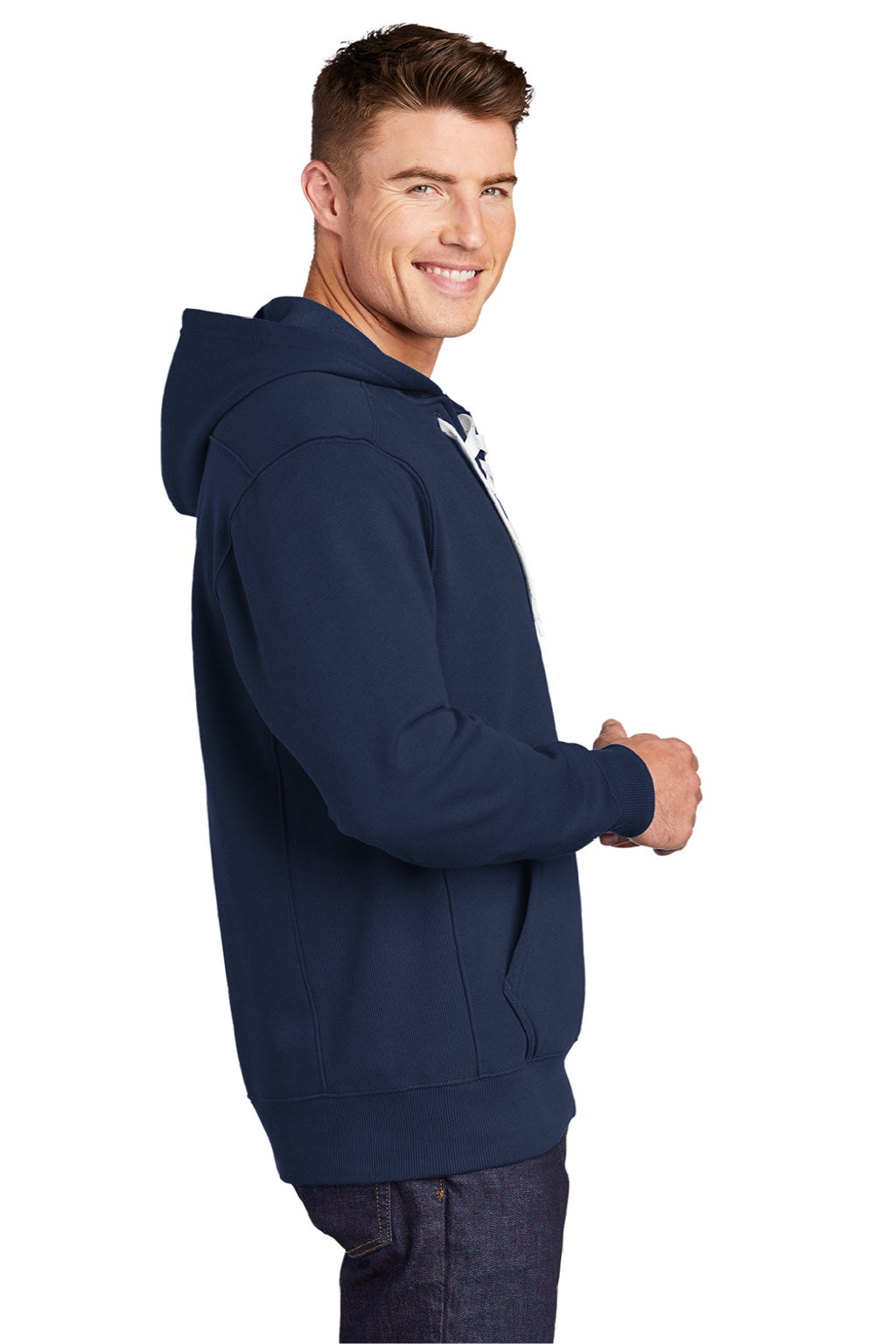 Sport-Tek ST271 Mens Lace Up Fleece Hooded Sweatshirt Hoodie w/ Pouch Pocket True Navy Blue Model Side