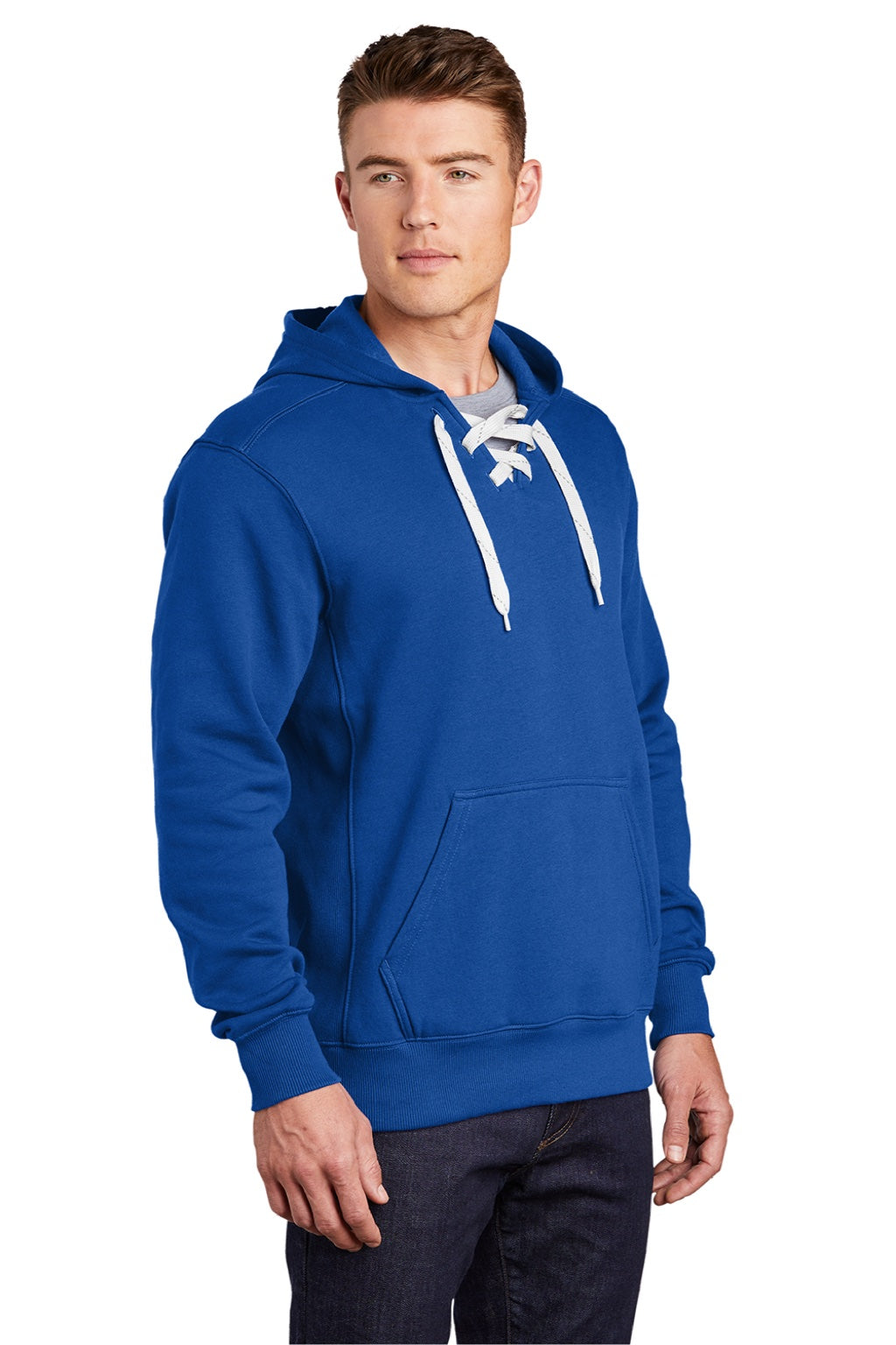 Sport-Tek ST271 Mens Lace Up Fleece Hooded Sweatshirt Hoodie w/ Pouch Pocket True Royal Blue Model 3q