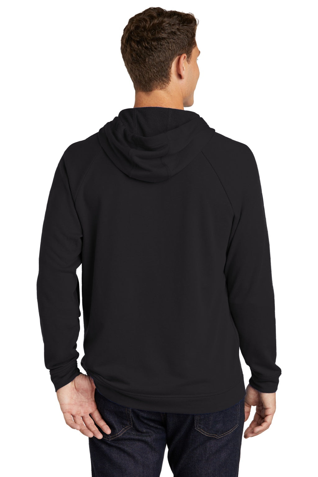 Sport-Tek ST272 Mens French Terry Hooded Sweatshirt Hoodie w/ Pouch Pocket Black Model Back