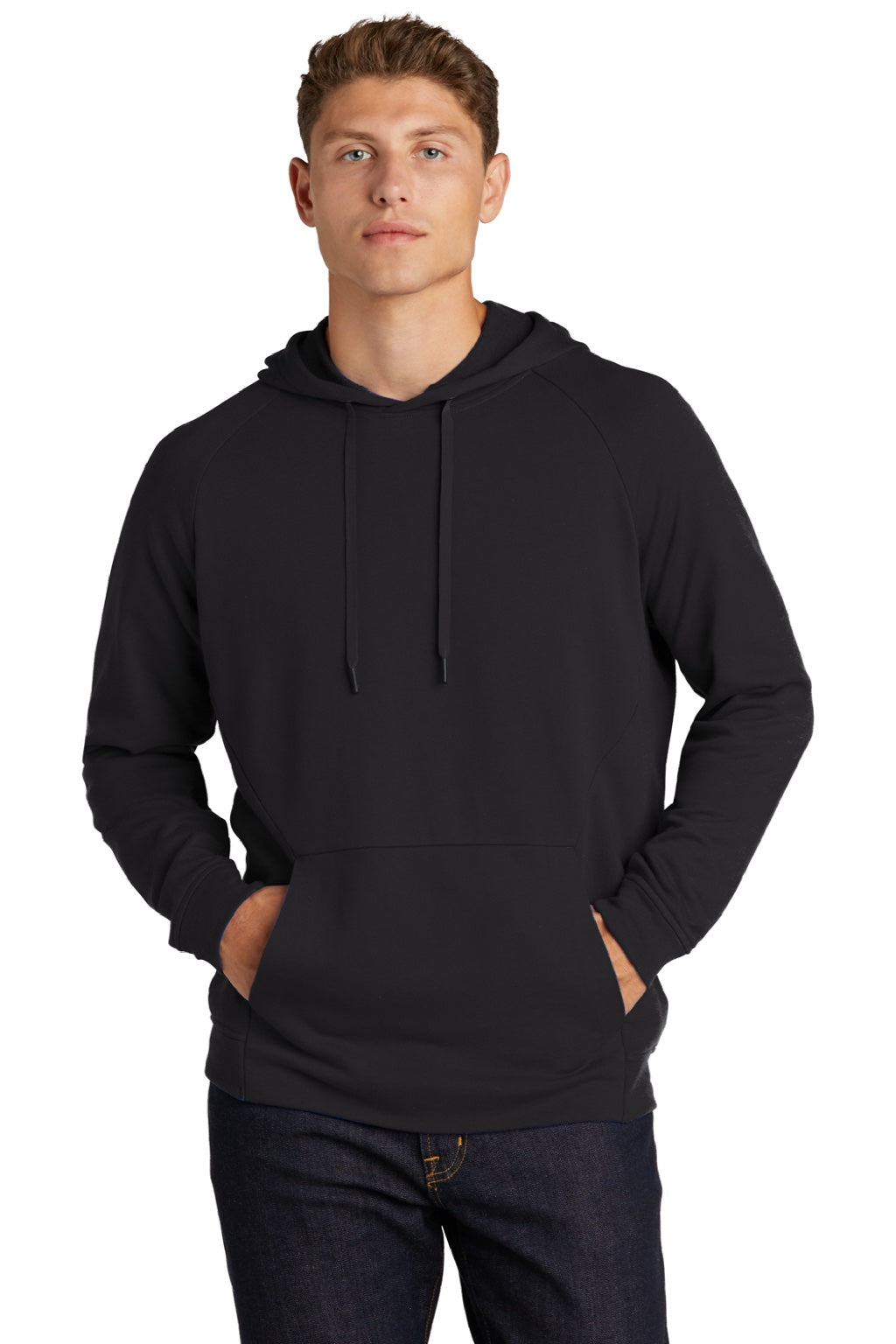 Sport-Tek ST272 Mens French Terry Hooded Sweatshirt Hoodie w/ Pouch Pocket Black Model Front