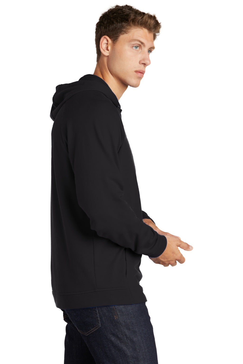 Sport-Tek ST272 Mens French Terry Hooded Sweatshirt Hoodie w/ Pouch Pocket Black Model Side